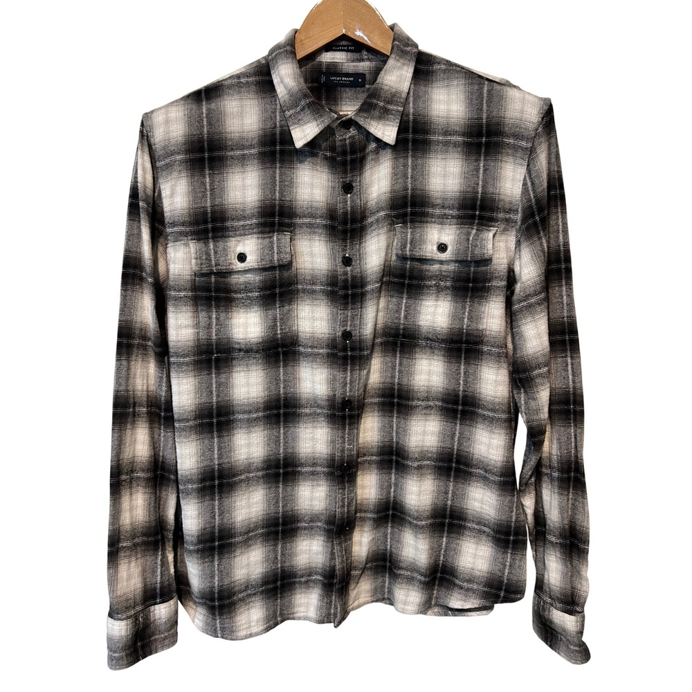 Lucky Brand Plaid Button Down Mens XL Black White Classic Fit Flannel Cotton A36